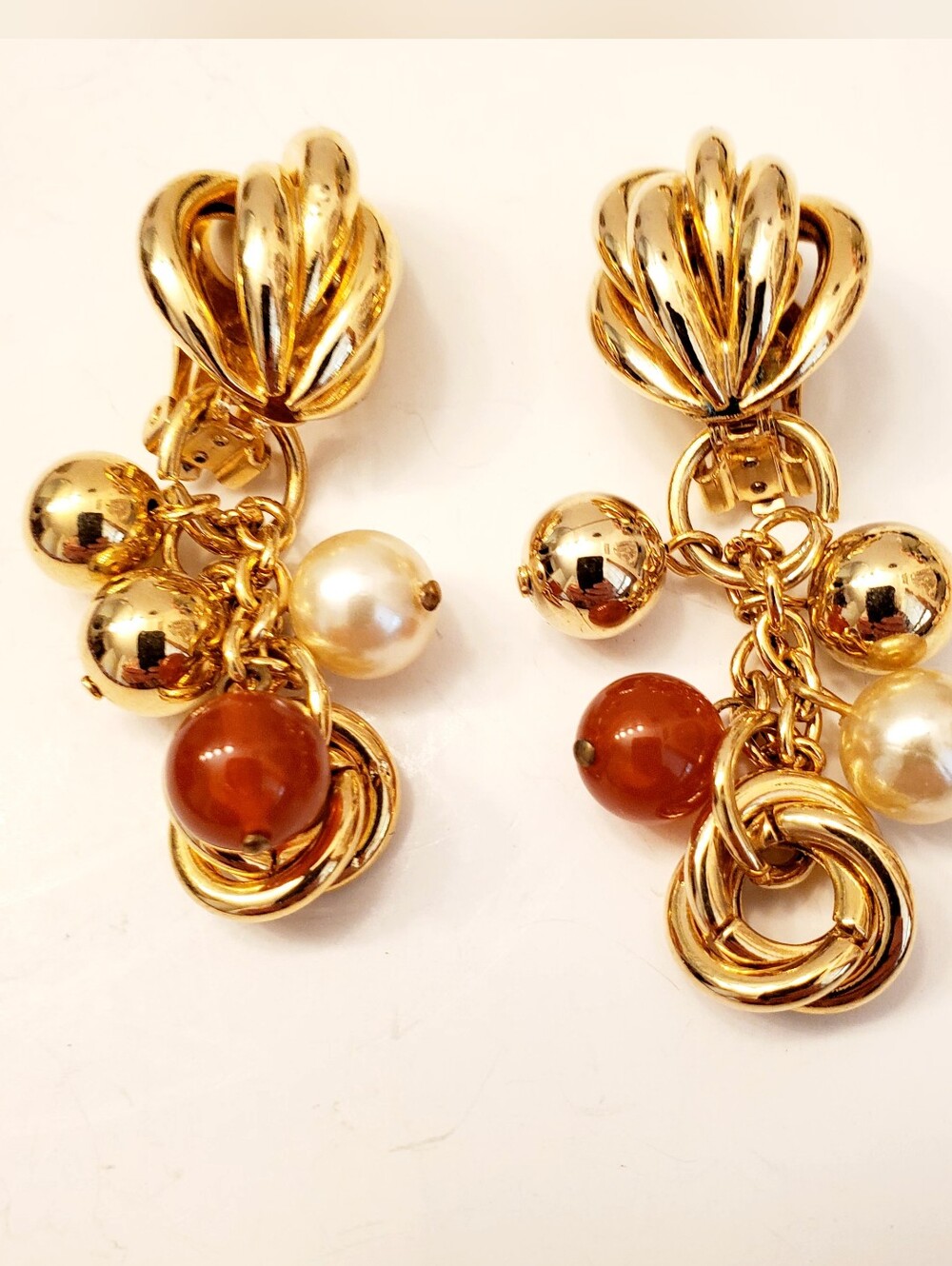 NORMA JEAN Gold-Tone Drop Earrings with Pearl & Carnelian Beads, Clip On